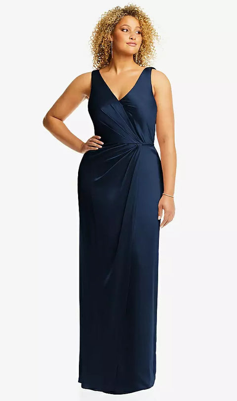 After Six 6864 Faux Wrap Whisper Satin Maxi Dress With Draped Tulip Skirt