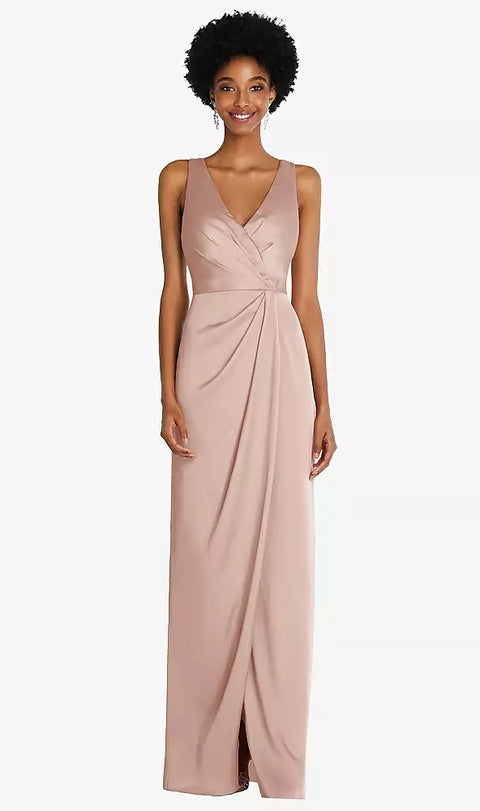 After Six 6864 Faux Wrap Whisper Satin Maxi Dress With Draped Tulip Skirt