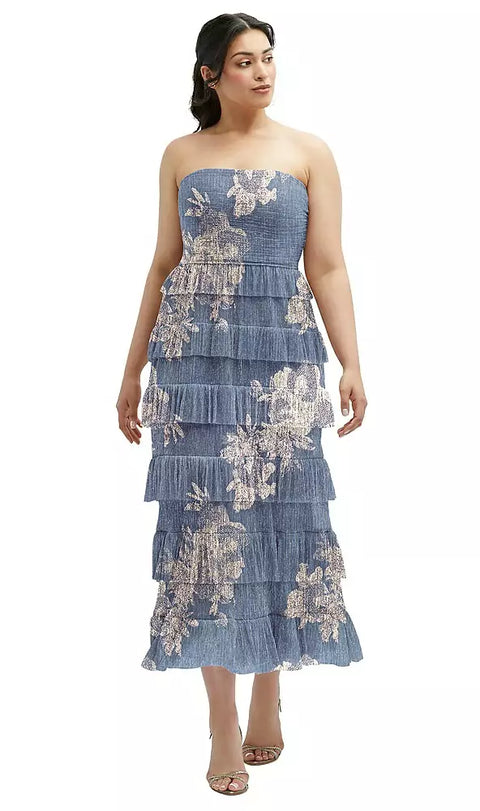 After Six 6890fp Ruffle Tiered Skirt Metallic Pleated Strapless Midi Dress With Floral Gold Foil Print
