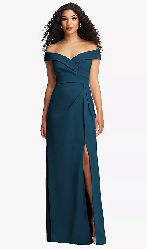 After Six 6872 Cuffed Off-the-shoulder Pleated Faux Wrap Maxi Dress