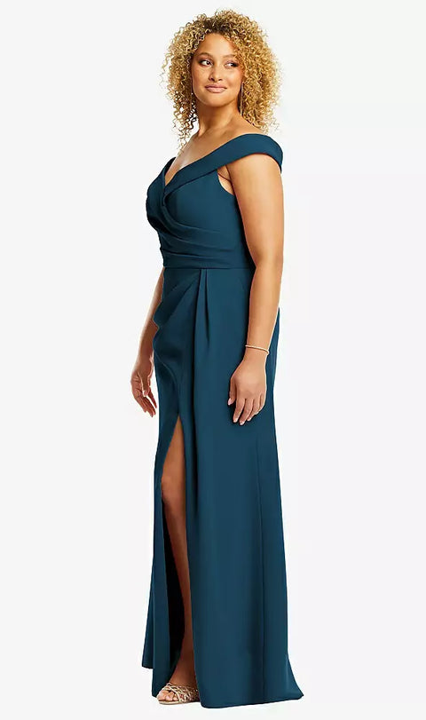 After Six 6872 Cuffed Off-the-shoulder Pleated Faux Wrap Maxi Dress