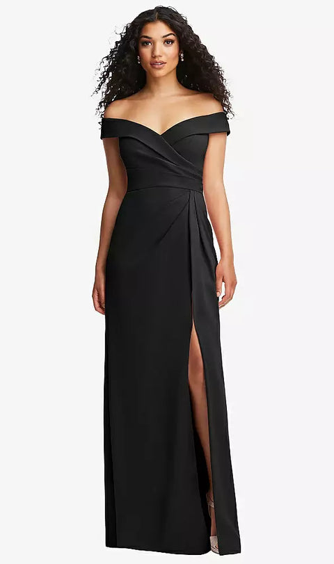 After Six 6872 Cuffed Off-the-shoulder Pleated Faux Wrap Maxi Dress