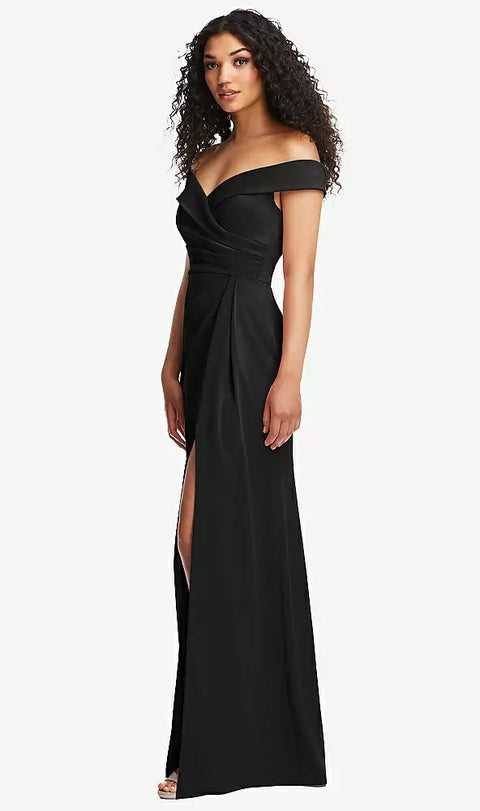 After Six 6872 Cuffed Off-the-shoulder Pleated Faux Wrap Maxi Dress