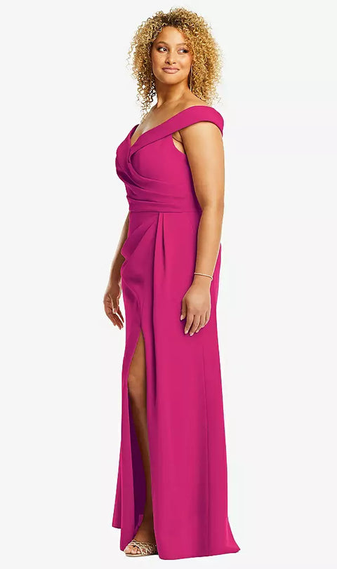 After Six 6872 Cuffed Off-the-shoulder Pleated Faux Wrap Maxi Dress