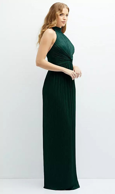After Six 6882 Band Collar Halter Open-back Metallic Pleated Maxi Dress