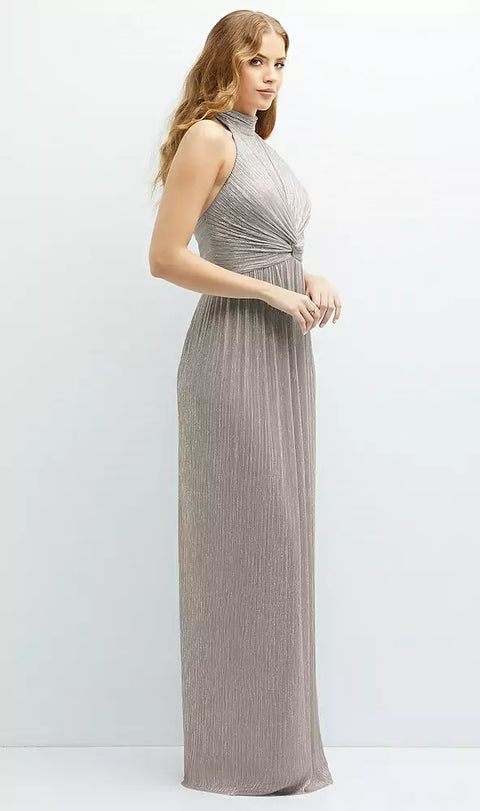 After Six 6882 Band Collar Halter Open-back Metallic Pleated Maxi Dress