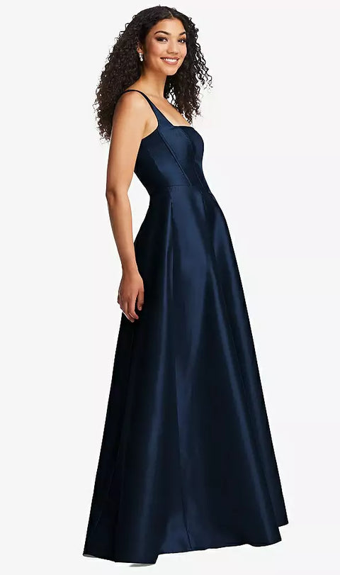 Alfred Sung D844 Boned Corset Closed-back Satin Gown With Full Skirt And Pockets