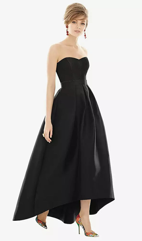 Alfred Sung D699 Strapless Satin High Low Dress With Pockets