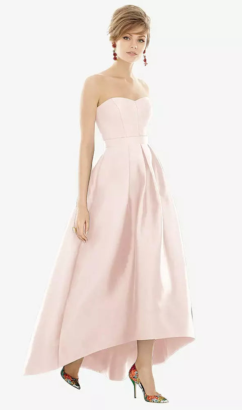 Alfred Sung D699 Strapless Satin High Low Dress With Pockets