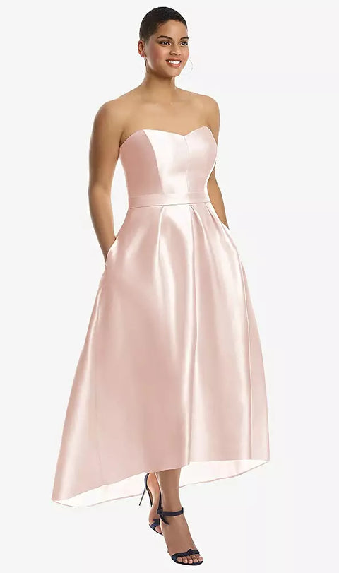 Alfred Sung D699 Strapless Satin High Low Dress With Pockets