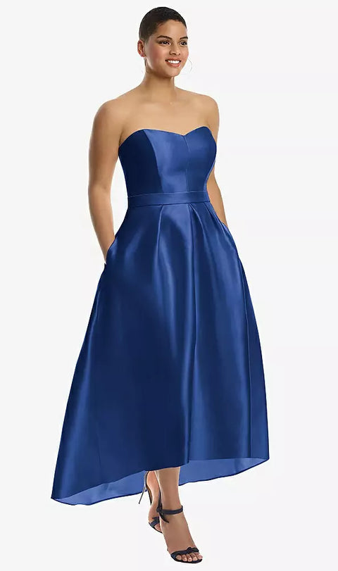 Alfred Sung D699 Strapless Satin High Low Dress With Pockets