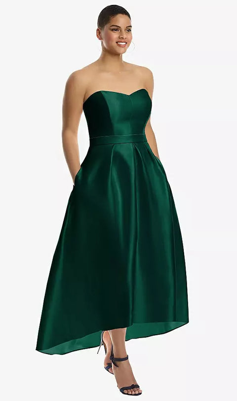 Alfred Sung D699 Strapless Satin High Low Dress With Pockets