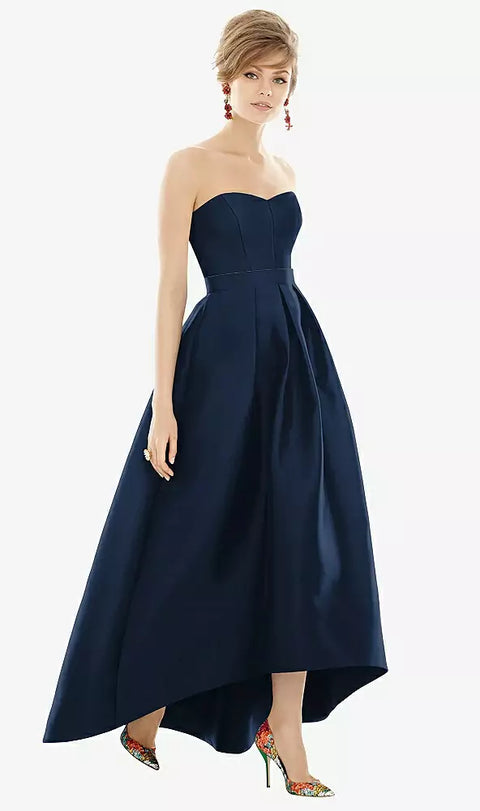 Alfred Sung D699 Strapless Satin High Low Dress With Pockets