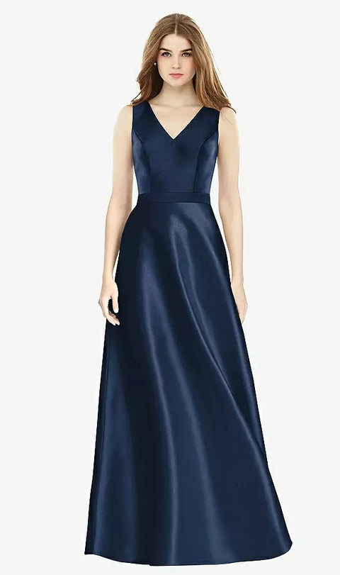 Alfred Sung D754 Sleeveless A-line Satin Dress With Pockets