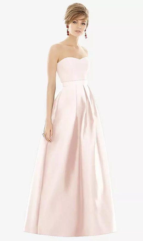 Alfred Sung D755 Strapless Pleated Skirt Maxi Dress With Pockets