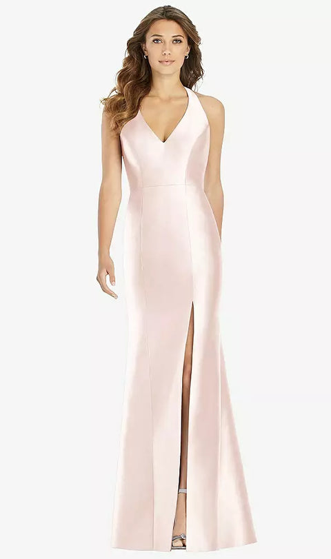 Alfred Sung D761 V-neck Halter Satin Trumpet Gown