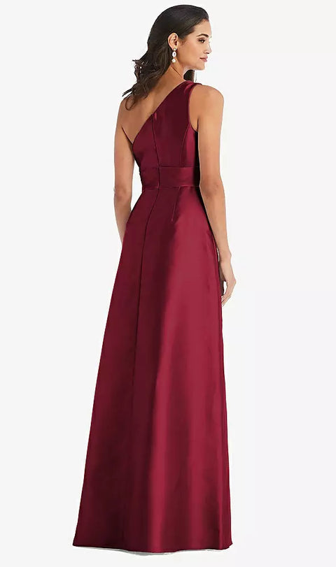 Alfred Sung D815 Draped One-shoulder Satin Maxi Dress With Pockets