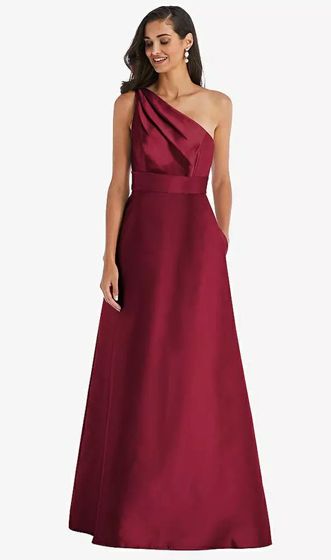 Alfred Sung D815 Draped One-shoulder Satin Maxi Dress With Pockets