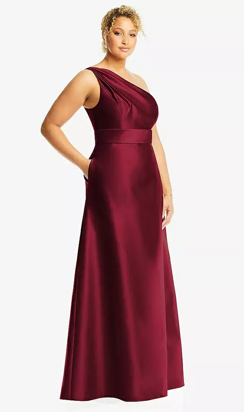 Alfred Sung D815 Draped One-shoulder Satin Maxi Dress With Pockets