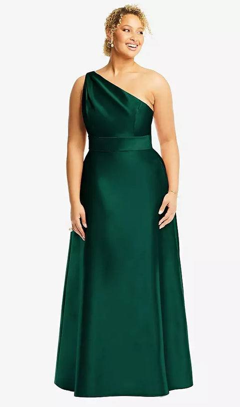 Alfred Sung D815 Draped One-shoulder Satin Maxi Dress With Pockets