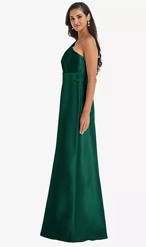 Alfred Sung D815 Draped One-shoulder Satin Maxi Dress With Pockets