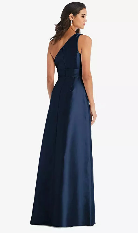 Alfred Sung D815 Draped One-shoulder Satin Maxi Dress With Pockets