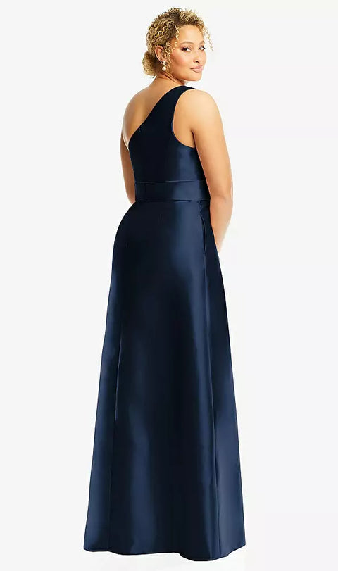 Alfred Sung D815 Draped One-shoulder Satin Maxi Dress With Pockets