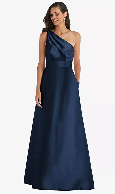 Alfred Sung D815 Draped One-shoulder Satin Maxi Dress With Pockets