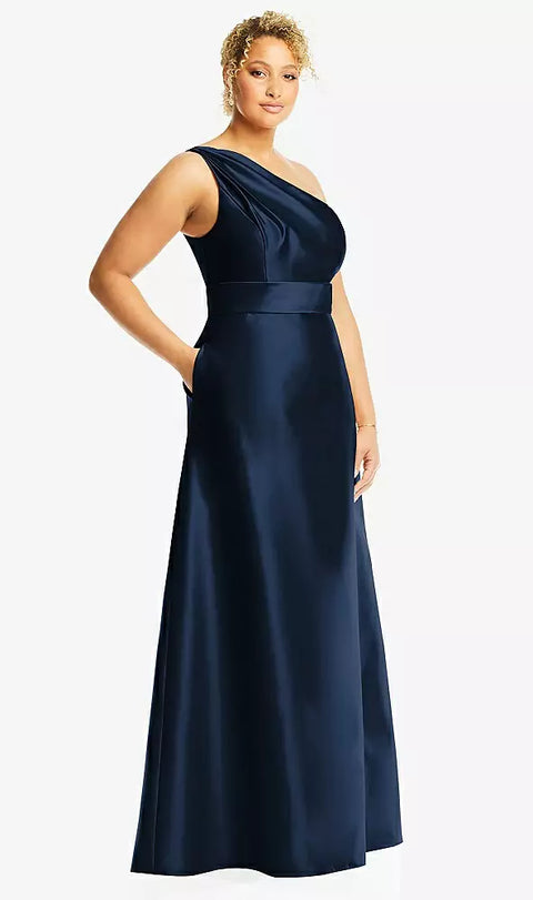 Alfred Sung D815 Draped One-shoulder Satin Maxi Dress With Pockets