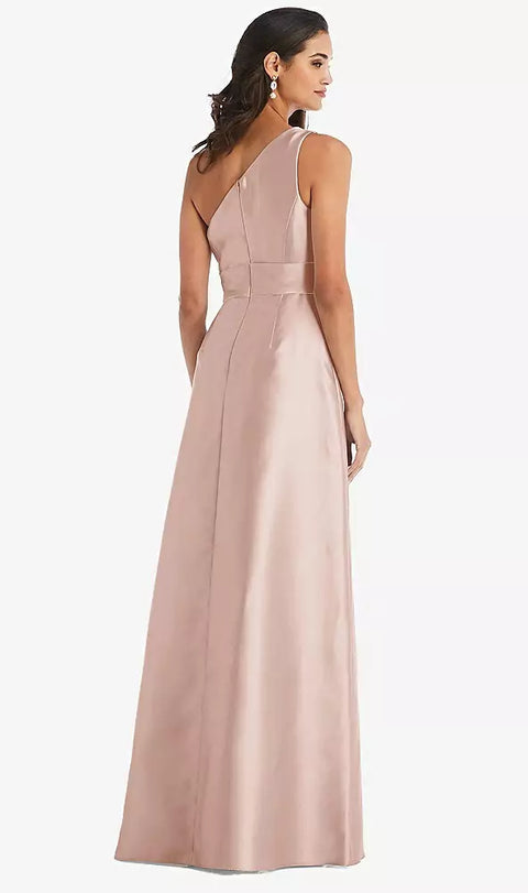 Alfred Sung D815 Draped One-shoulder Satin Maxi Dress With Pockets