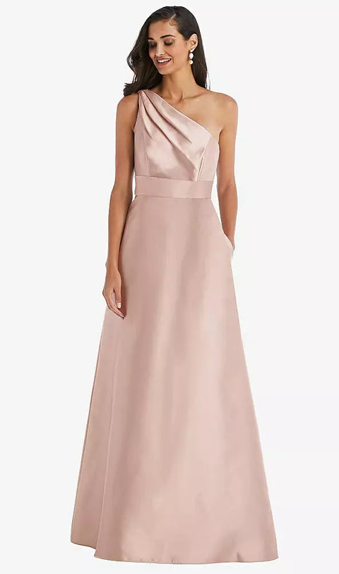 Alfred Sung D815 Draped One-shoulder Satin Maxi Dress With Pockets