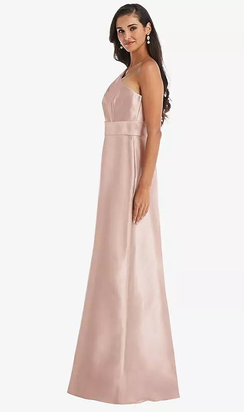 Alfred Sung D815 Draped One-shoulder Satin Maxi Dress With Pockets