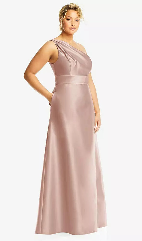 Alfred Sung D815 Draped One-shoulder Satin Maxi Dress With Pockets