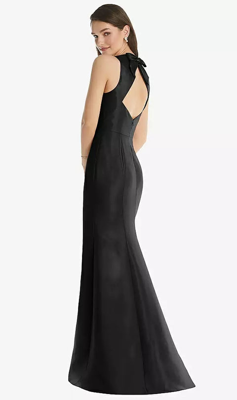 Alfred Sung D824 Jewel Neck Bowed Open-back Trumpet Dress With Front Slit