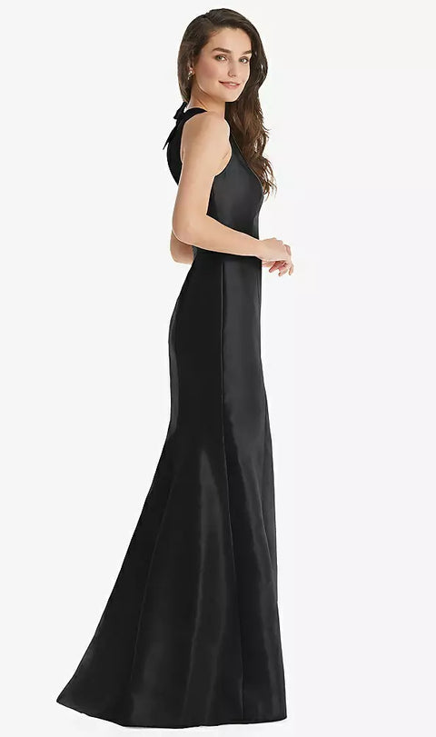 Alfred Sung D824 Jewel Neck Bowed Open-back Trumpet Dress With Front Slit