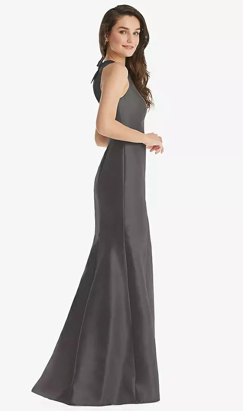 Alfred Sung D824 Jewel Neck Bowed Open-back Trumpet Dress With Front Slit