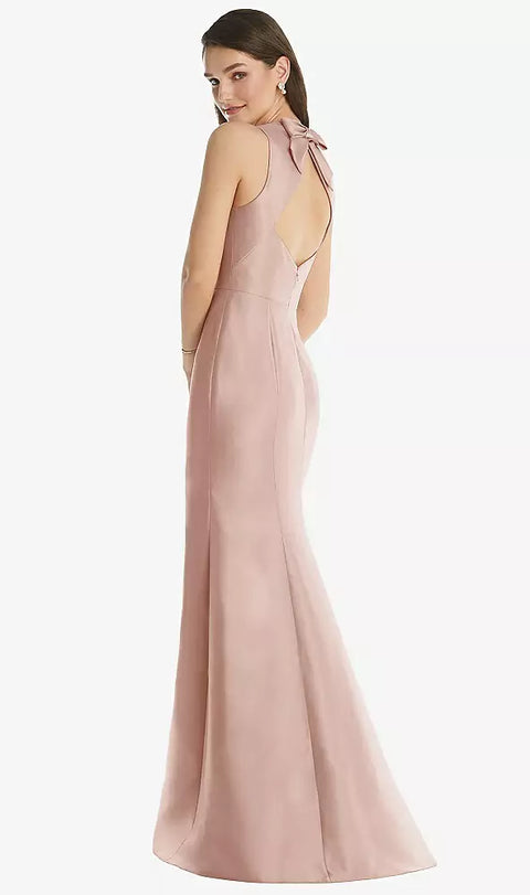 Alfred Sung D824 Jewel Neck Bowed Open-back Trumpet Dress With Front Slit