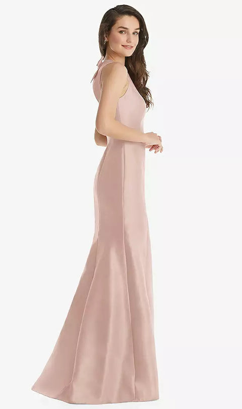 Alfred Sung D824 Jewel Neck Bowed Open-back Trumpet Dress With Front Slit