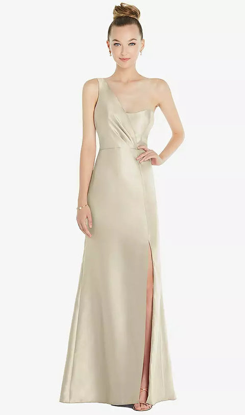 Alfred Sung D827 Draped One-shoulder Satin Trumpet Gown With Front Slit