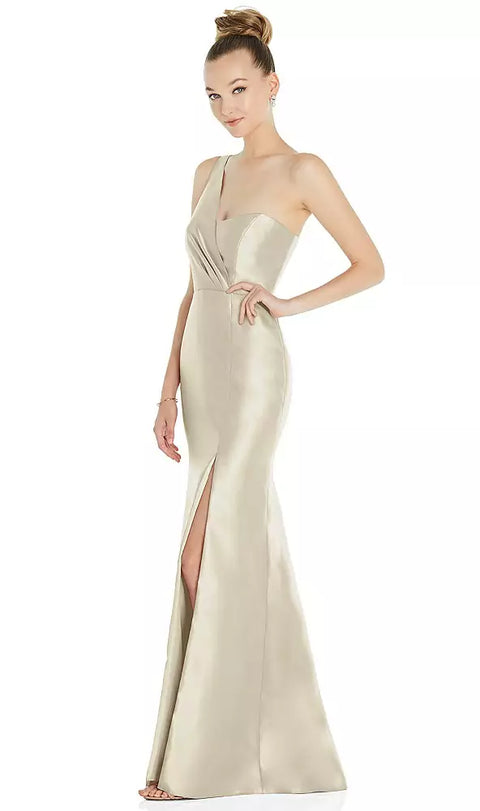 Alfred Sung D827 Draped One-shoulder Satin Trumpet Gown With Front Slit