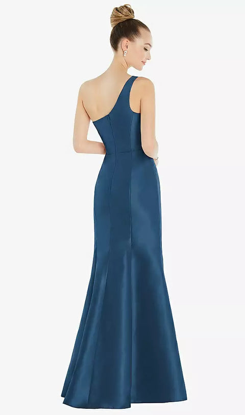 Alfred Sung D827 Draped One-shoulder Satin Trumpet Gown With Front Slit