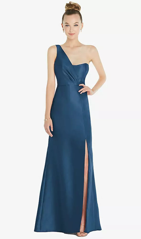 Alfred Sung D827 Draped One-shoulder Satin Trumpet Gown With Front Slit