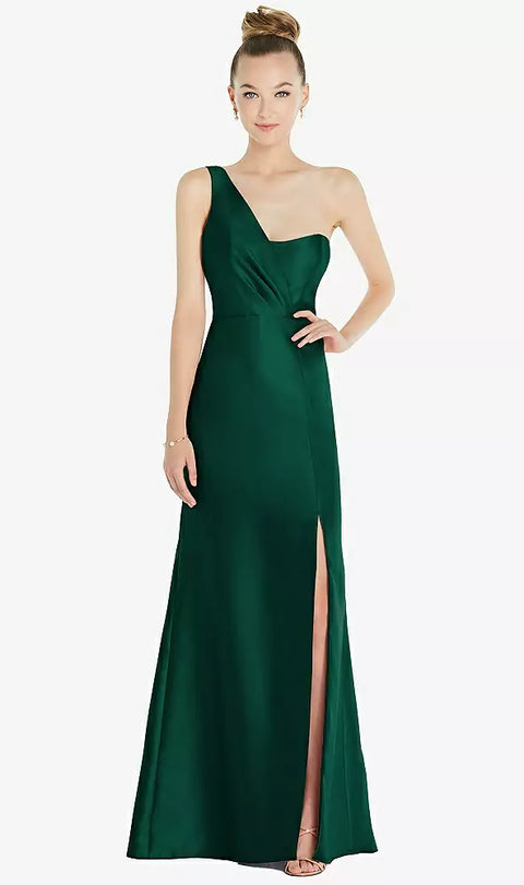 Alfred Sung D827 Draped One-shoulder Satin Trumpet Gown With Front Slit