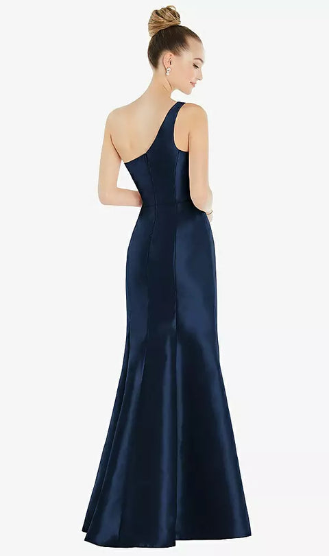 Alfred Sung D827 Draped One-shoulder Satin Trumpet Gown With Front Slit