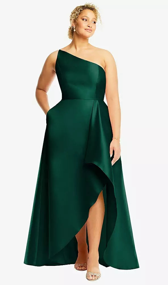 Alfred Sung D831 One shoulder Satin Gown With Draped Front Slit And Pockets