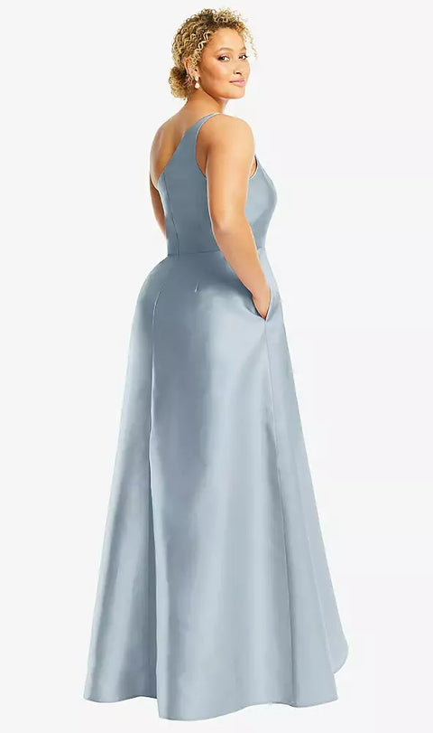 Alfred Sung D831 One-shoulder Satin Gown With Draped Front Slit And Pockets