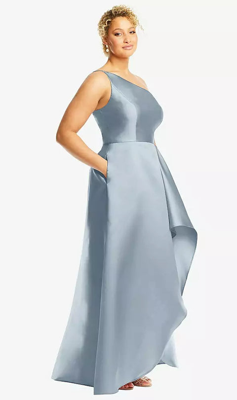 Alfred Sung D831 One-shoulder Satin Gown With Draped Front Slit And Pockets