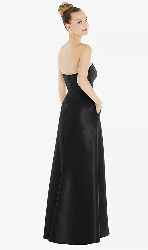 Alfred Sung D832 Strapless Satin Gown With Draped Front Slit And Pockets