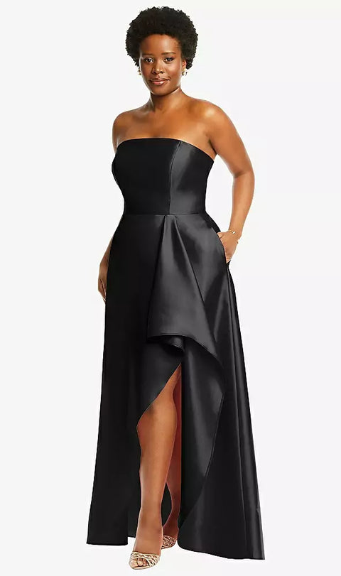 Alfred Sung D832 Strapless Satin Gown With Draped Front Slit And Pockets
