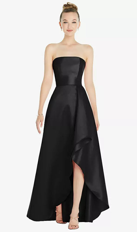 Alfred Sung D832 Strapless Satin Gown With Draped Front Slit And Pockets